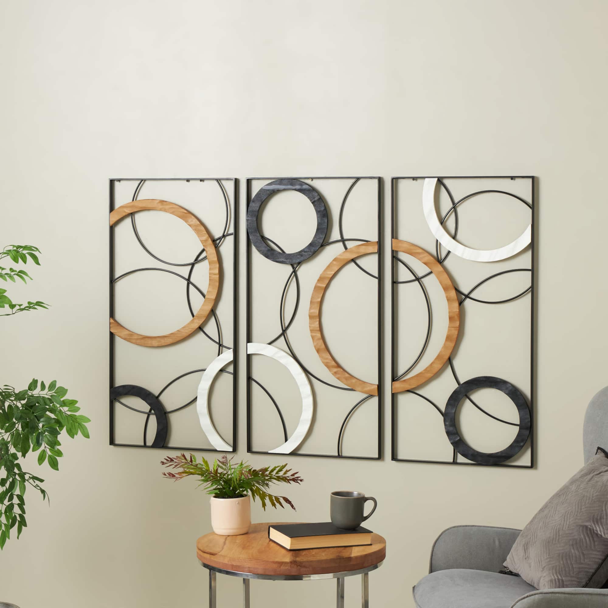 18" x 36" Black Metal Abstract with Brown & White Wooden Accent Home Wall Décor, 3ct.
